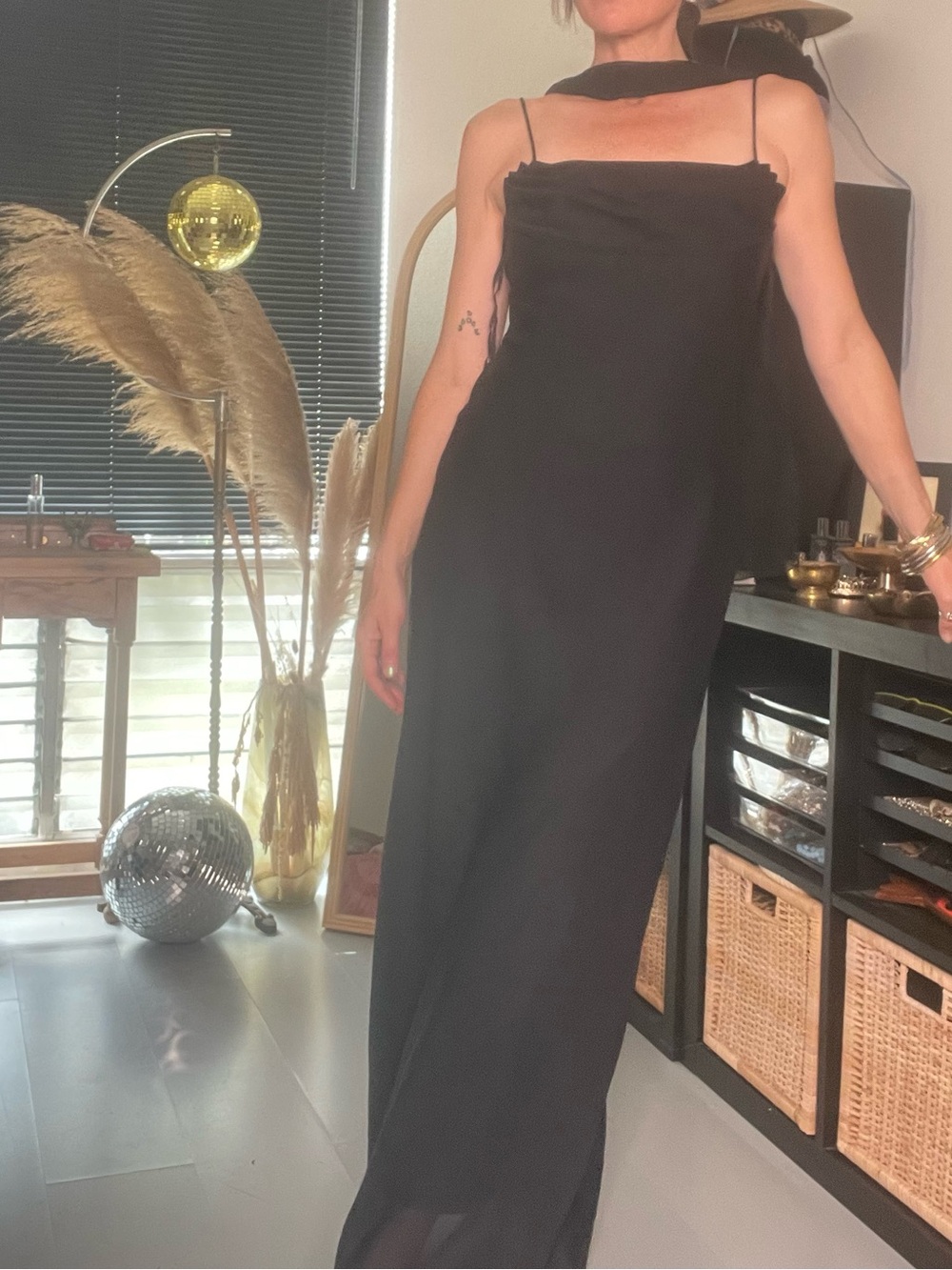 1990s Onyx Nite Elegant Black Slip Maxi Dress - with scarf